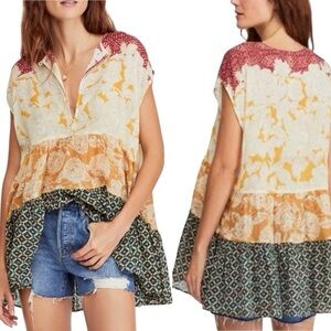 Free People oversized Gotta Have You Cotton Mixed-Print Keyhole Top boho sz XS